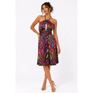 Single by Galina Sobolev Silk Gold Chain Halter Abstract Print Dress Size Medium